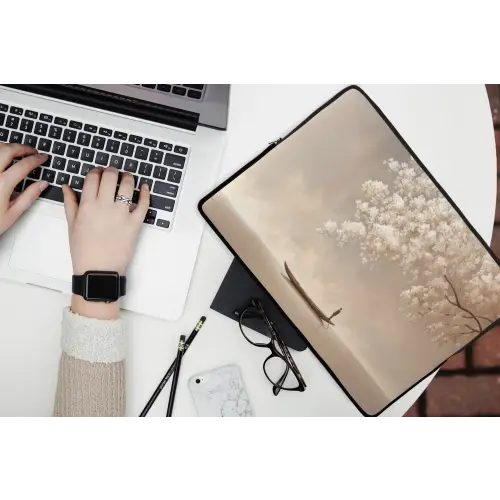 Bloesems - Wit - Boot - Minimalistisch laptophoes neopreen klein -bureau