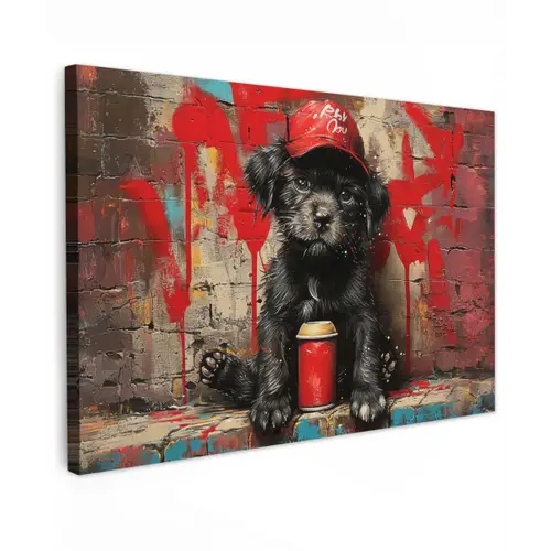 Puppy met Rode Pet en Spuitbus Tuinposter op houten frame 2 cm dik klein -3d