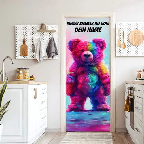 Bunter Teddybär mit Namensfeld oben. deurposter klein -sfeer5