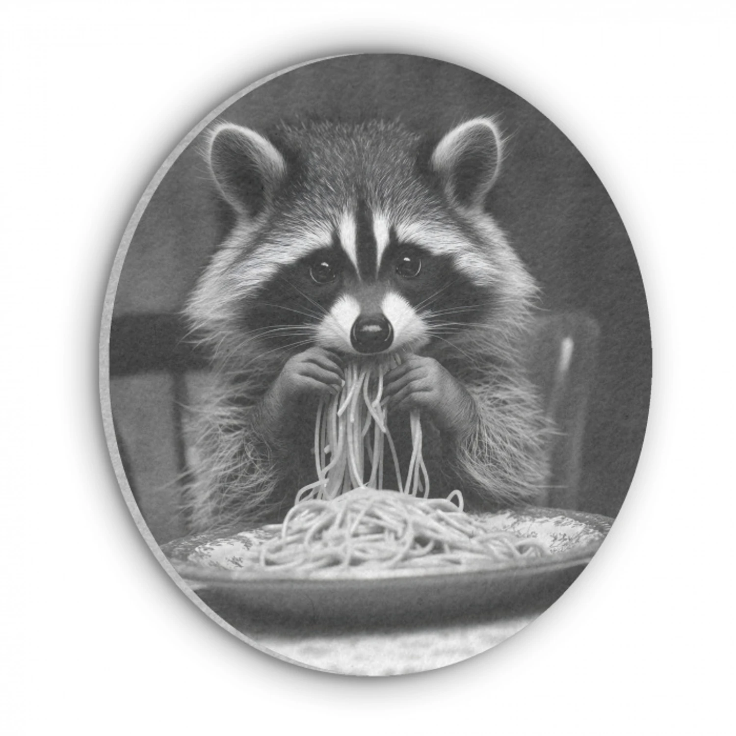 Wasbeer - Cute - Pasta - Tafelkleed - Zwart - Wit Akoestische PET Vilt - Rond klein -3d