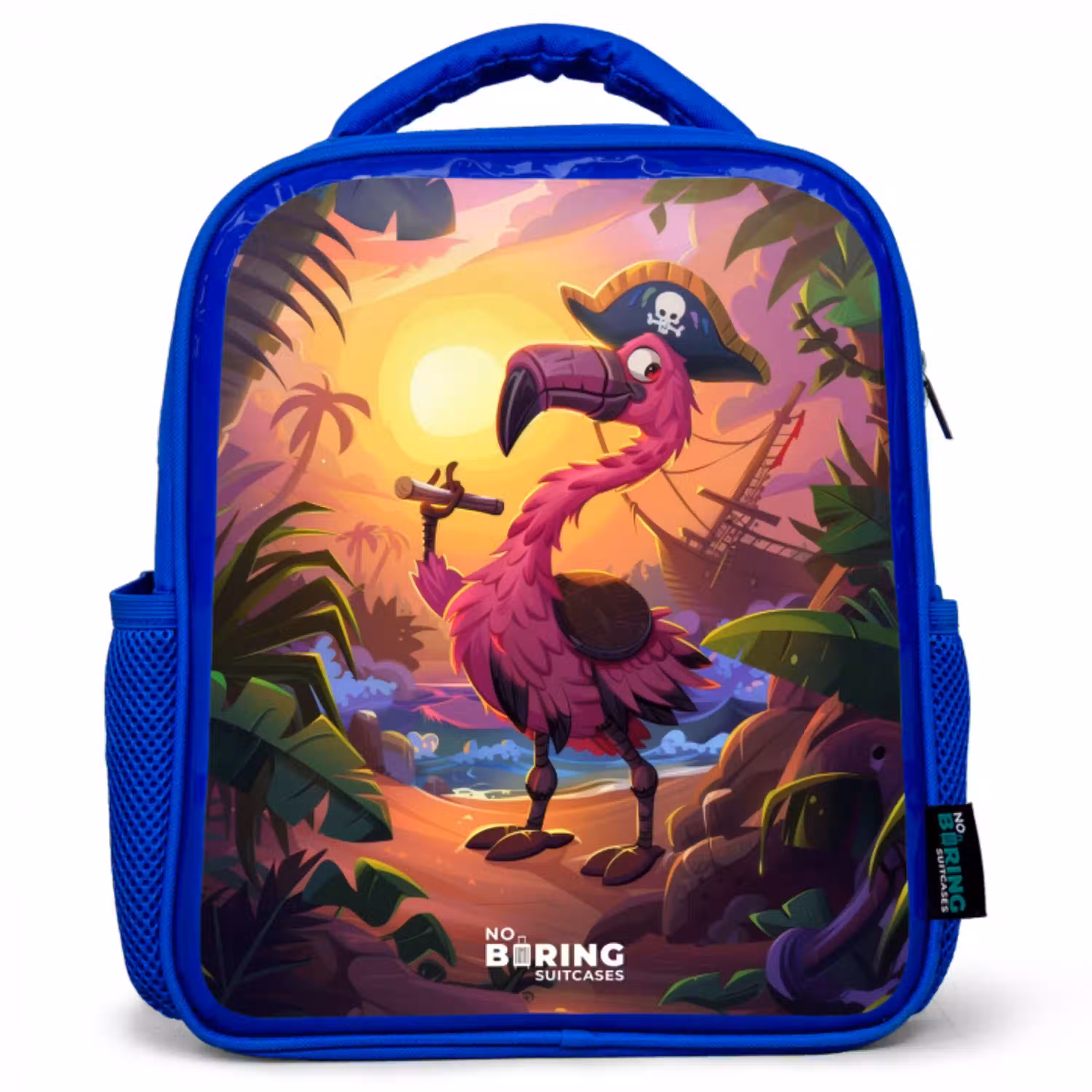 Piraten flamingo op een tropisch pad Kinderrugzak - Blauw middel -3d