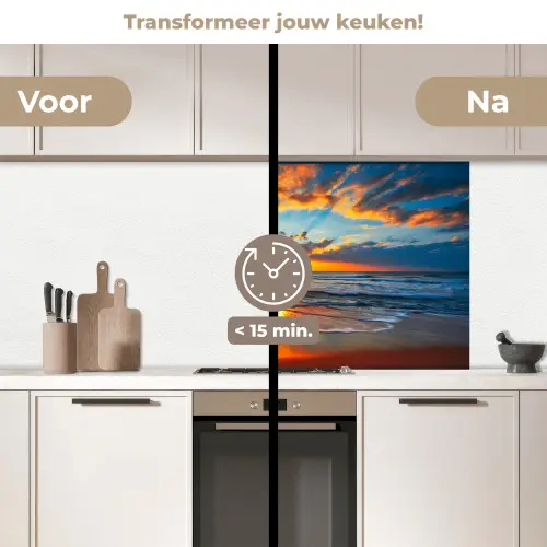 Zee - Zonsondergang - Strand - Wolken - Oranje keuken achterwand 2 middel -voor-na2_NL
