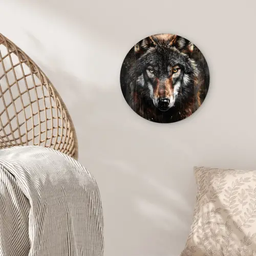 Dieren - Wolf - Portret - Zwart - Bruin Wandcirkel kunststof plaat 5mm dik klein -sfeer5