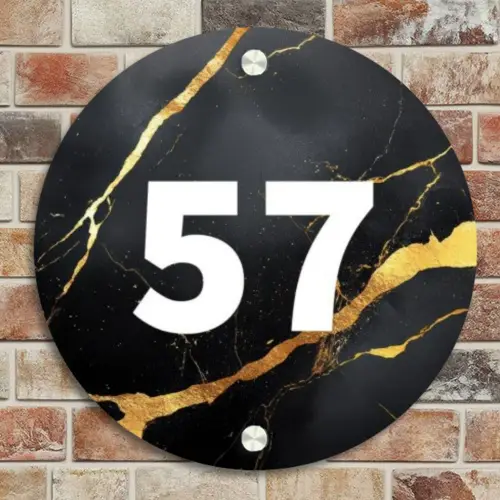 Goud zwart marmer - Modern Naambord Rond klein -sfeer2