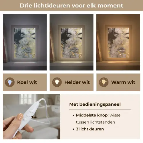 Vrouw - Kunst - Goud - Zwart Light Box met kabel (Tafellamp) klein -USP_lichtkleurNL