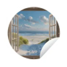 Doorkijk - Strand - Raam - Duinen - Zee Wandcirkel tuinposter met ringen klein -3d