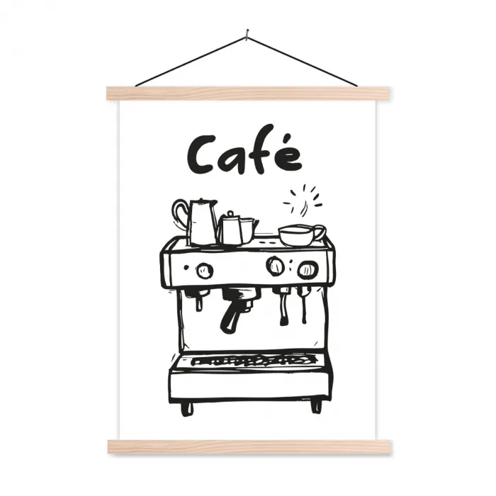 Illustratie - Café - Koffiemachine - Kopjes textielposter latten blank klein -3d