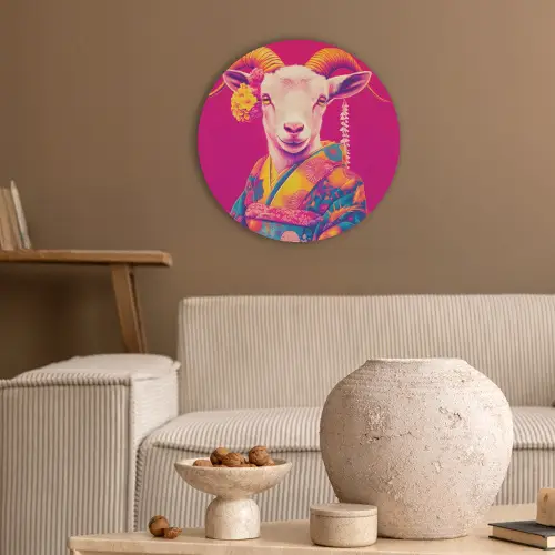 Geit - Hoorns - Kimono - Kleurrijk Akoestische PET Vilt - Rond klein -sfeer1