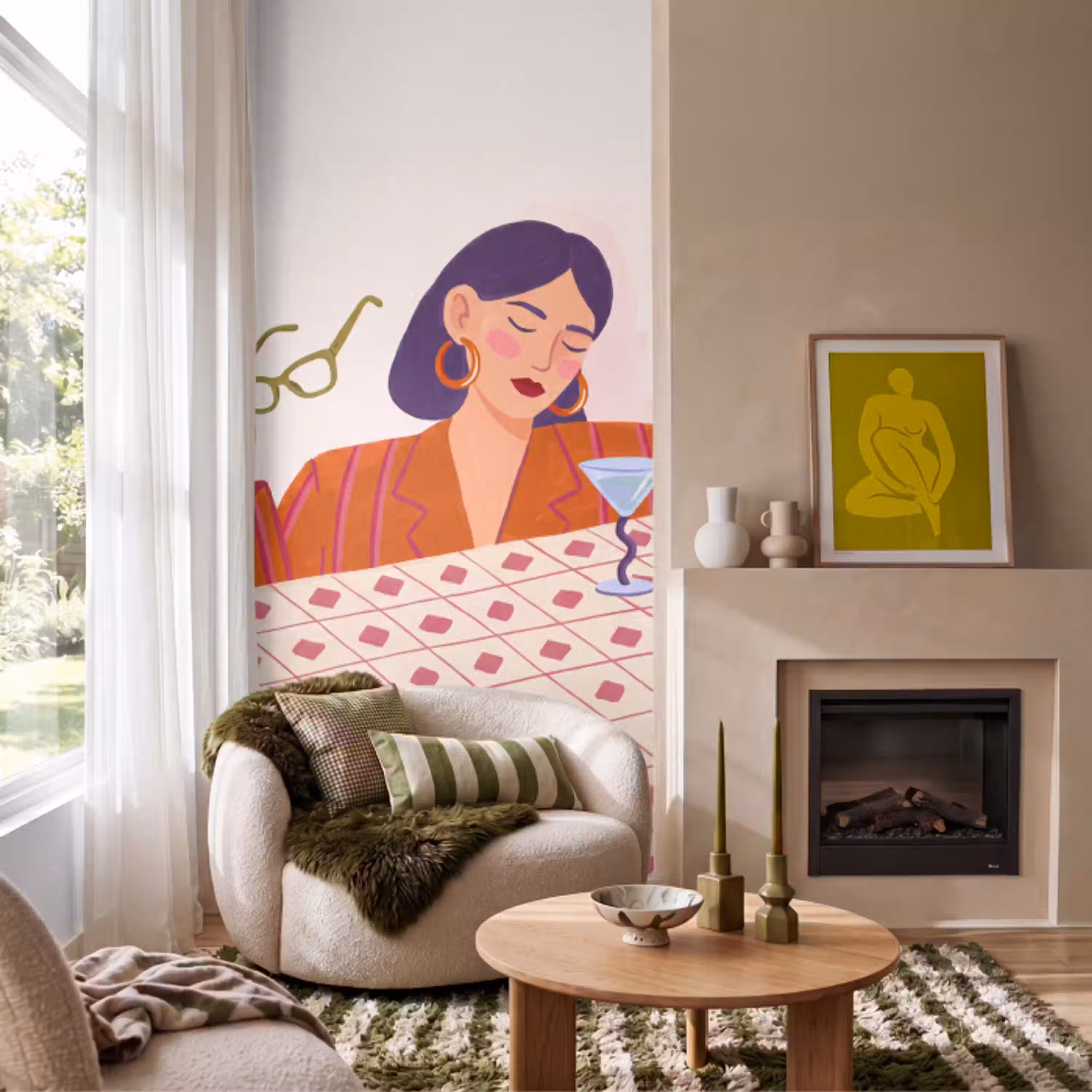 Vrouw - Bril - Cocktail - Illustratie - Modern Behang Vlies klein -sfeer2