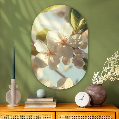 Bloesems - Wit - Zonnestralen -  Bloemblaadjes Wandcirkel Ovaal Glas middel -sfeer2