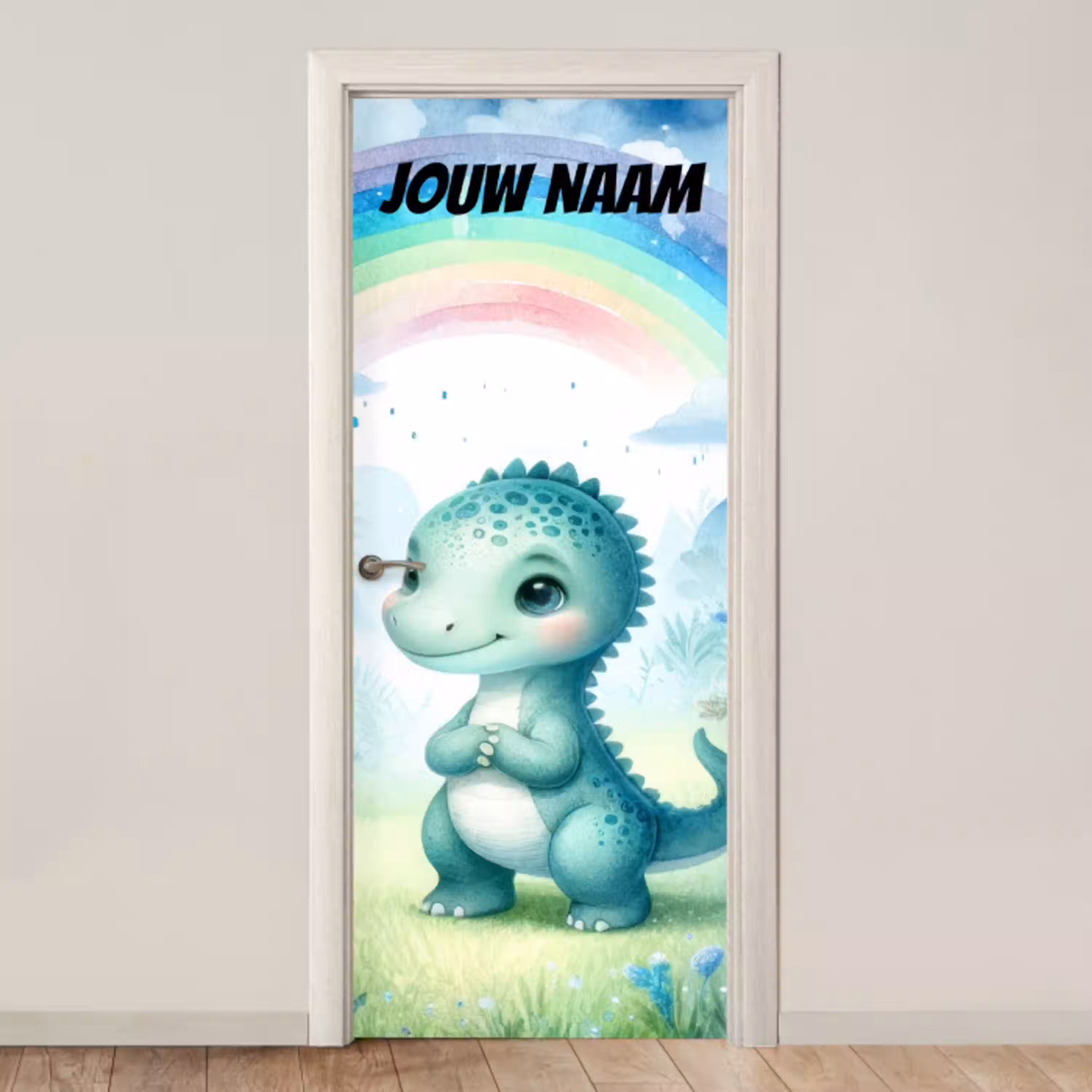 Schattige dinosaurus onder een regenboog met de tekst “Deze kamer is van: jouw naam”. deurposter klein -3d_beige