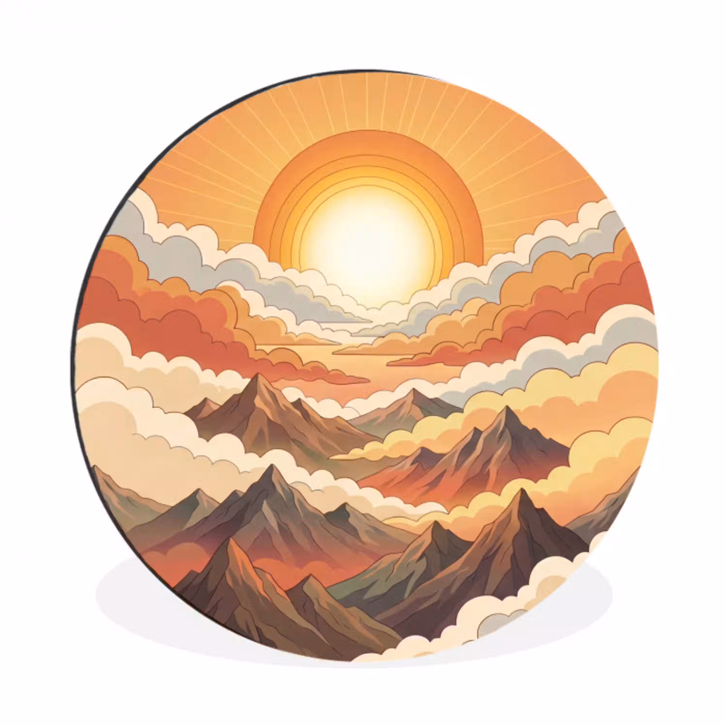 Bergen - Wolken - Natuur - Zonsopgang - Oranje Wandcirkel aluminium klein -3d