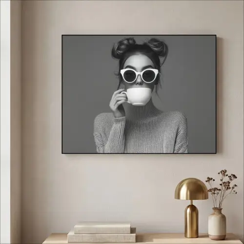 Vrouw - Koffie - Zwart - Wit Textielframe zwart klein -sfeer2