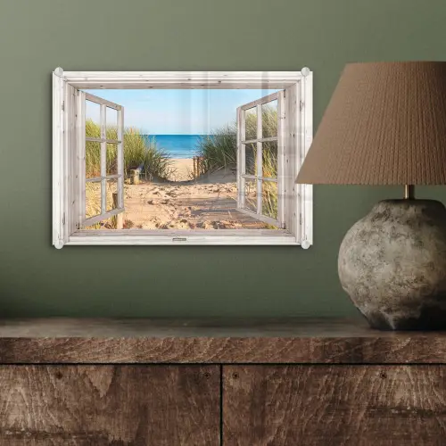 Doorkijk - Strand - Zee - Duinen - Zand - Water - Helmgras plexiglas 5mm klein -sfeer3