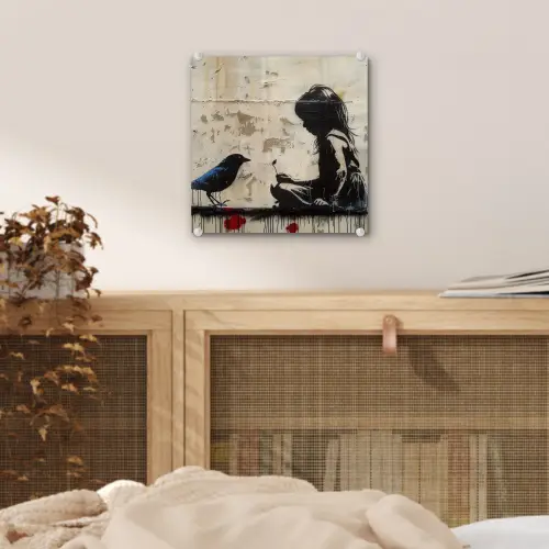 Street art - Meisje - Vogel - Graffiti - Banksy plexiglas 5mm klein -sfeer4