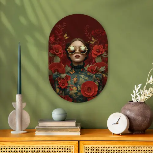 Bloemen - Dieprood - Zonnebril - Vrouw Wandcirkel Ovaal Forex klein -sfeer2