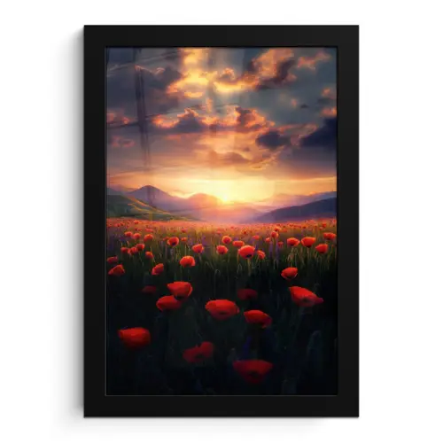 Landschap - Zonsondergang - Bloemenveld fotolijst zwart zonder passe partout klein -3d