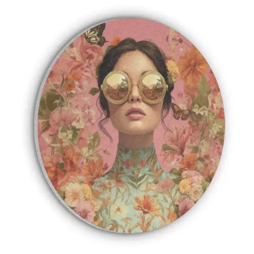 Vrouw - Bril - Roze - Bloemen Akoestische PET Vilt - Rond klein -3d