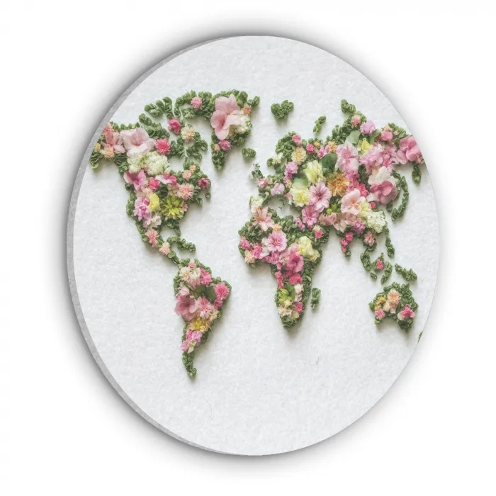 Wereldkaart - Kleurrijk - Bloemen - Lente Akoestische PET Vilt - Rond klein -3d