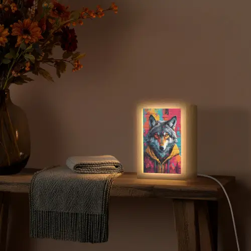 Graffiti - Wolf - Street art - Blauw Light Box met kabel (Tafellamp) klein -sfeer4