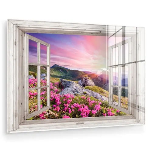 Bergen - Landschap - Doorkijk - Bloemen - Avond - Roze plexiglas 5mm klein -zzzproduct_nieuw