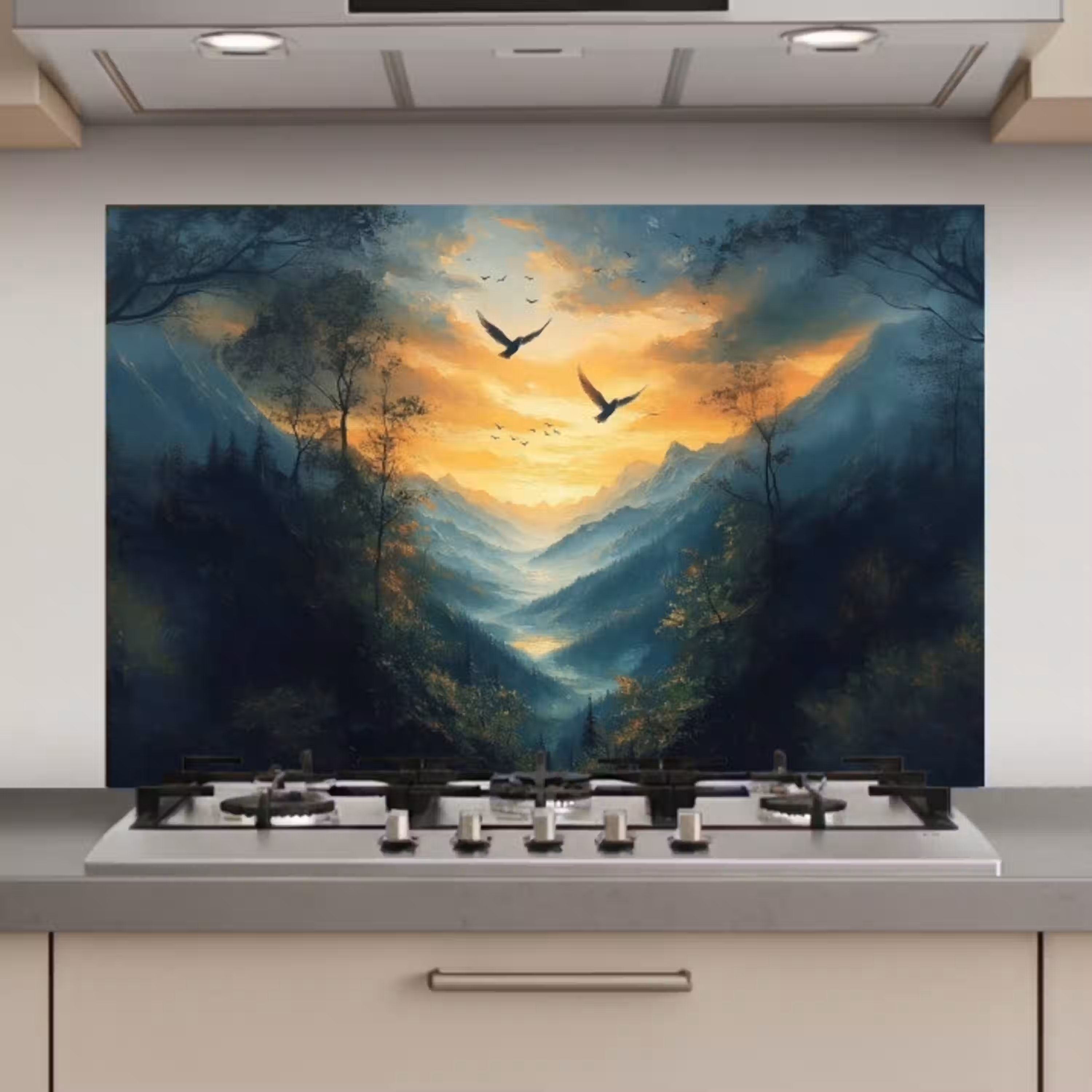 Vogels - Zon - Bomen - Groen keuken achterwand spatscherm klein -3d_website