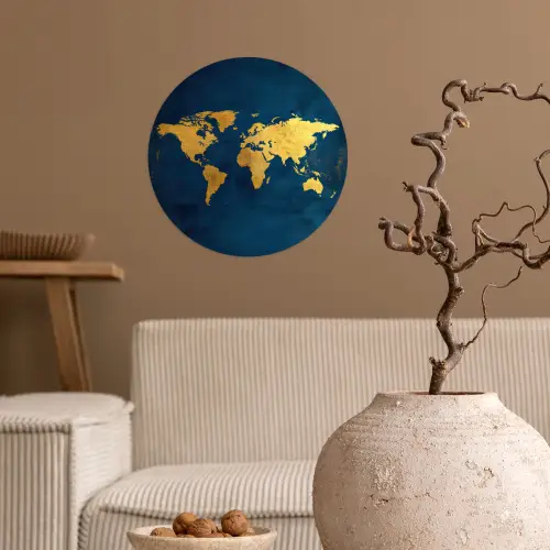 Wereldkaart - Goud - Donkerblauw Wandcirkel behangsticker klein -sfeer1