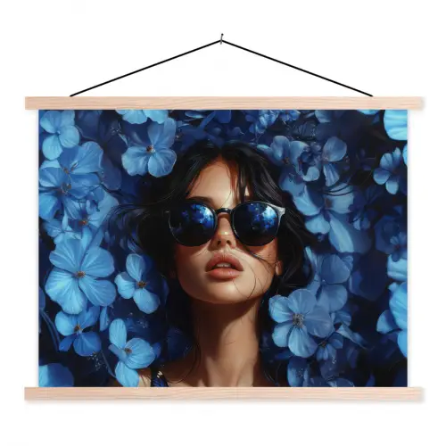 Vrouw - Blauw - Bloemen - Vlinders - Natuur textielposter latten blank klein -3d