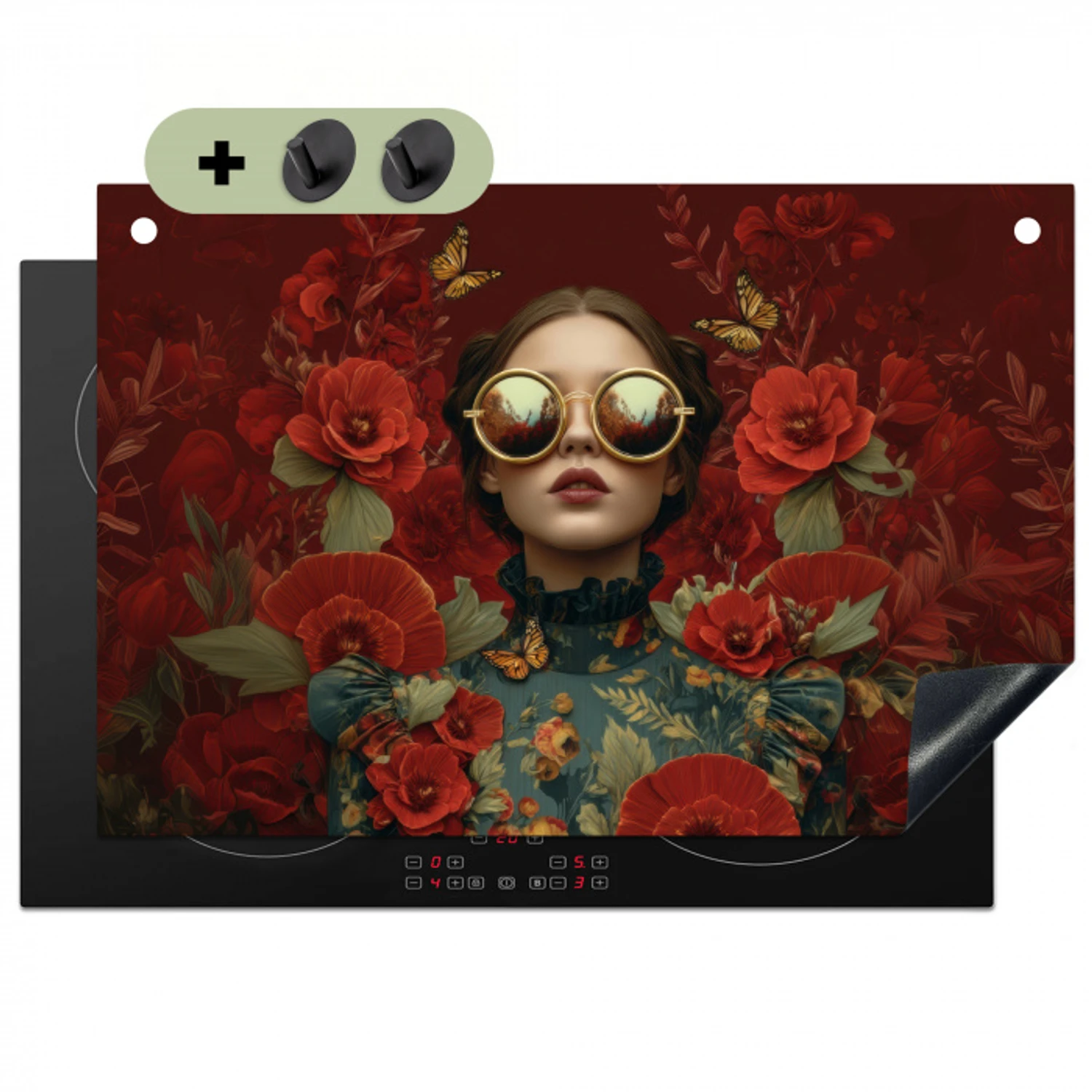 Bloemen - Dieprood - Zonnebril - Vrouw Inductie beschemer met haakjes klein -3d
