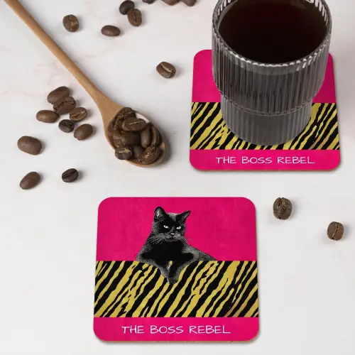 Kat - Baas - Roze - Tijgerprint onderzetter kurk middel -sfeer2