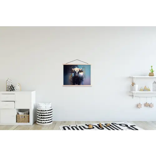 Stier - Zwart - Abstract - Horens textielposter latten blank klein -kinderkamer