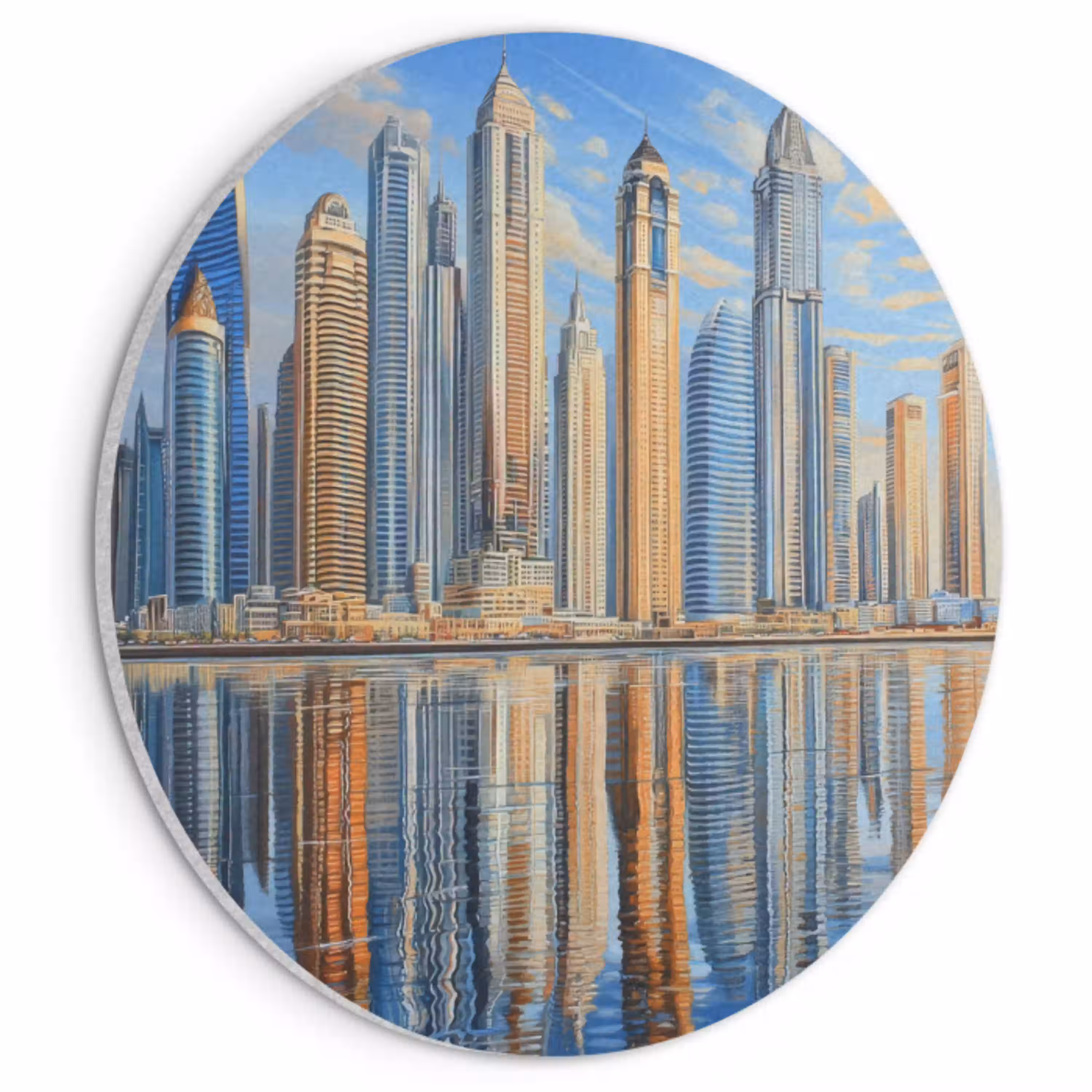 Skyline - Wolkenkrabbers - Water - Blauw Akoestische PET Vilt - Rond klein -3d