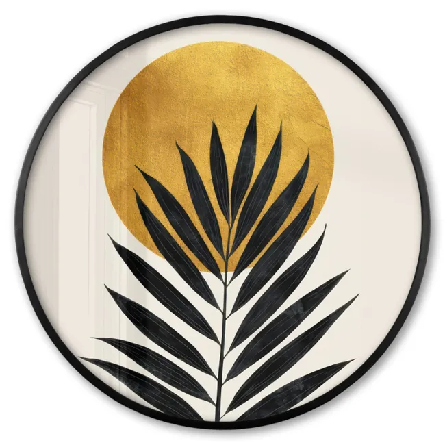Photo Frame Round - Black palm leaf - Golden circle - Beige background