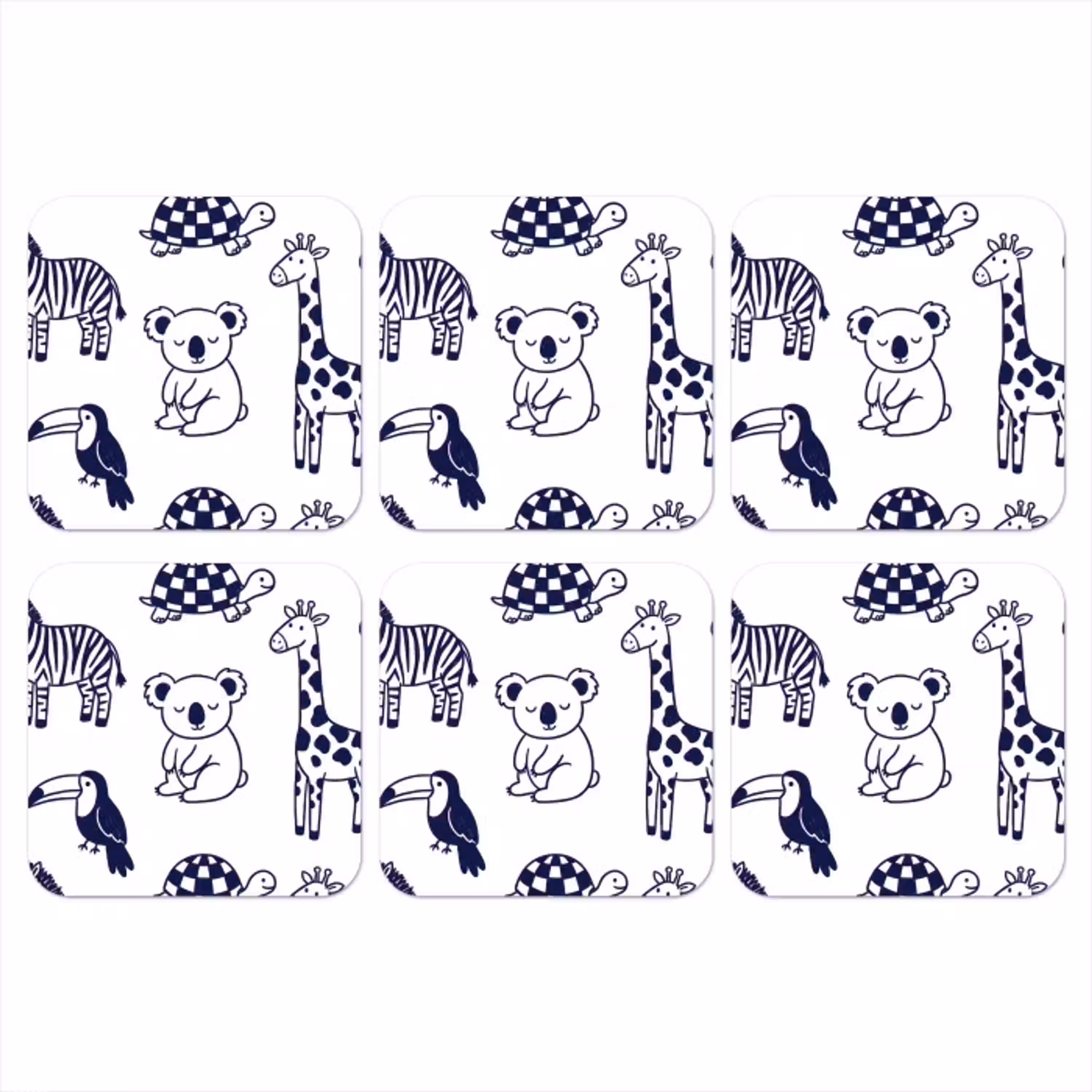 Dieren - Patroon - Kinderkamer - Grafisch - Wit-Blauw onderzetter kurk middel -3d