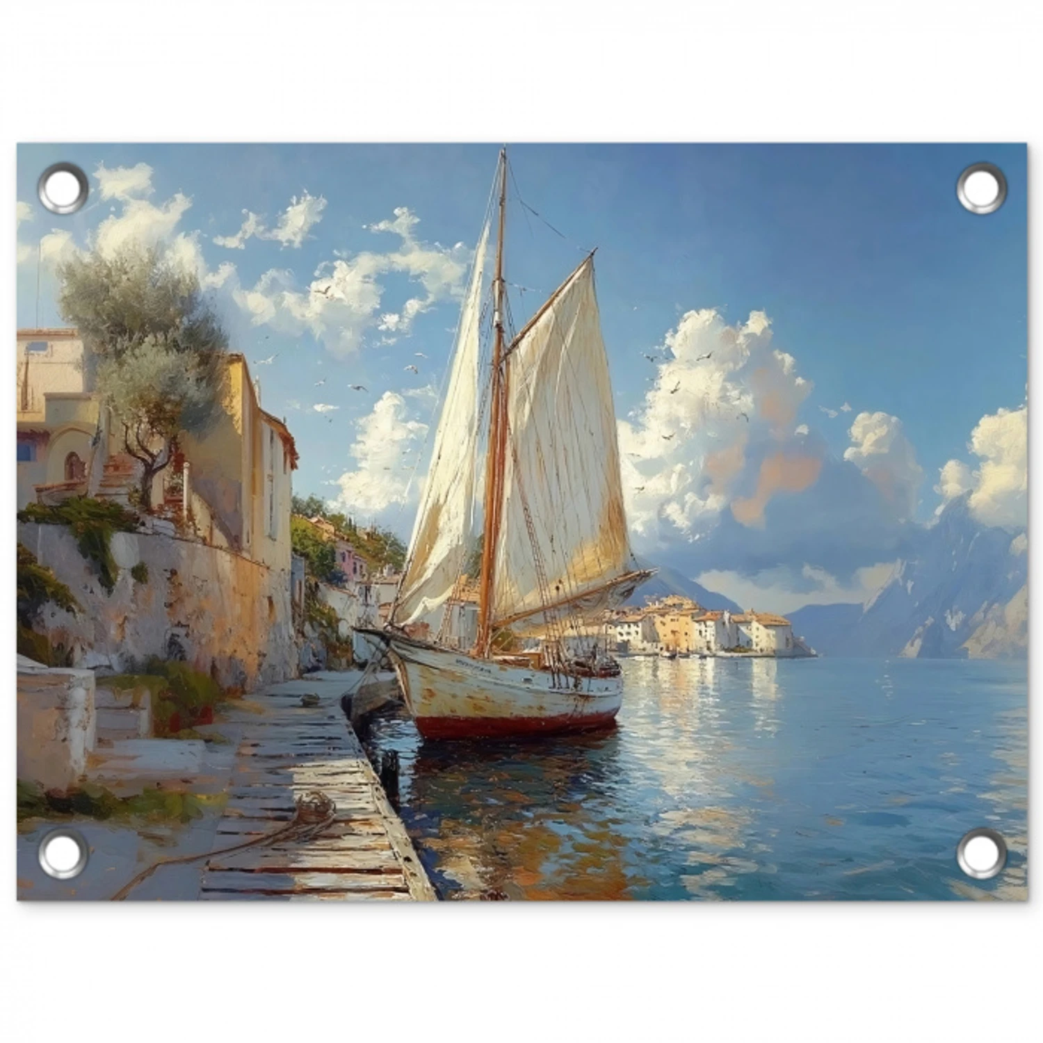 Zeilschip - Huizen - Kade - Zee tuinposter los doek klein -3d