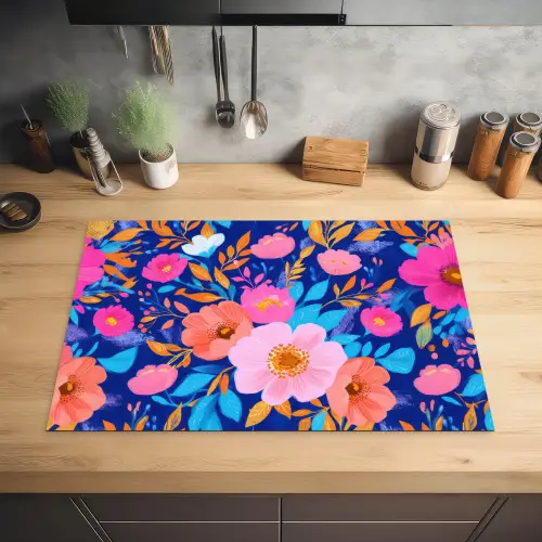 Bloemen - Blauw - Roze Inductie beschermer vinyl 3mm klein -sfeer5