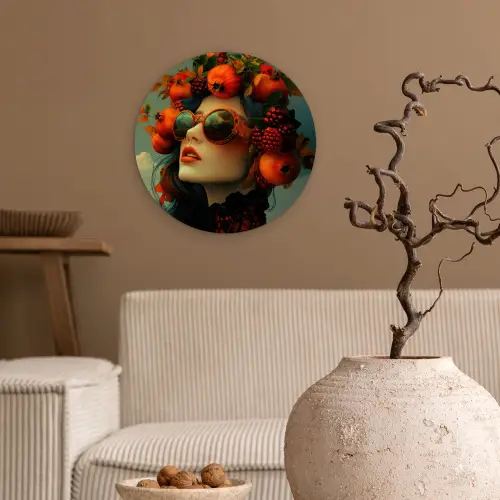 Vrouw - Granaatappel - Herfst - Zonnebril Wandcirkel plexiglas klein -sfeer1