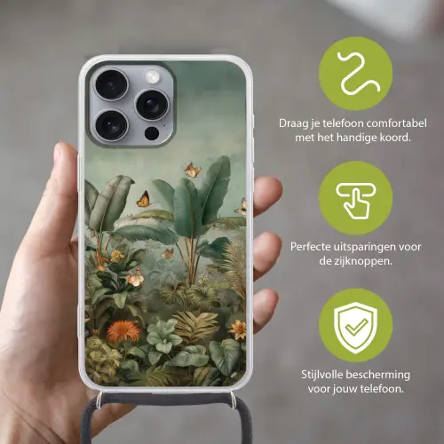 Tropisch bladerdek - Vlinders - groen - Bruin Hoesje iPhone 16 Pro Max met koord klein -sfeer2_NL