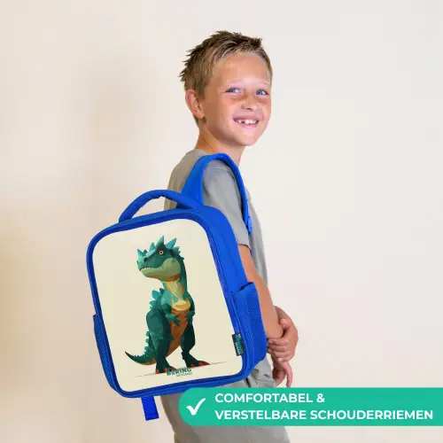 Gehoornde dino met scherpe blik Kinderrugzak - Blauw middel -sfeer3_NL