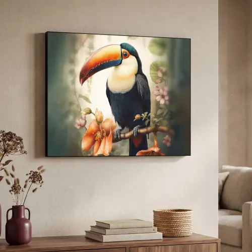 Toekan - Vogel - Bloemen - Planten Textielframe zwart klein -sfeer3
