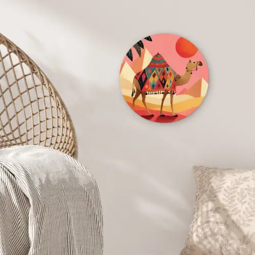 Kameel - Pyramides - Rode zon Wandcirkel kunststof plaat 5mm dik klein -sfeer5