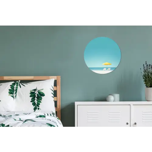Strand - Blauwe lucht - Geel - Parasol Wandcirkel aluminium klein -slaapkamer