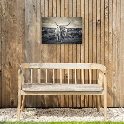 Schotse hooglander - Dieren - Wolken - Koe - Natuur Tuinposter op houten frame 2 cm dik klein -sfeer4