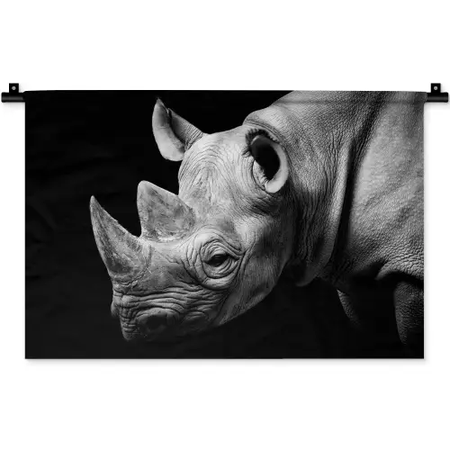 Dieren - Neushoorn - Zwart - Wit - Portret Wandkleed katoen klein -zz3d