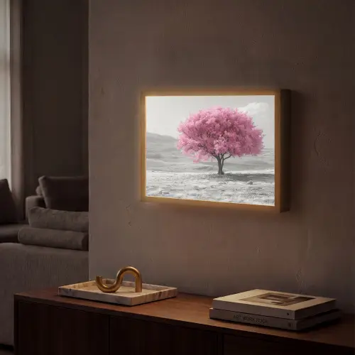 Boom - Natuur - Roze - Zwart wit Light Box met batterij (Wandlamp) middel -sfeer1
