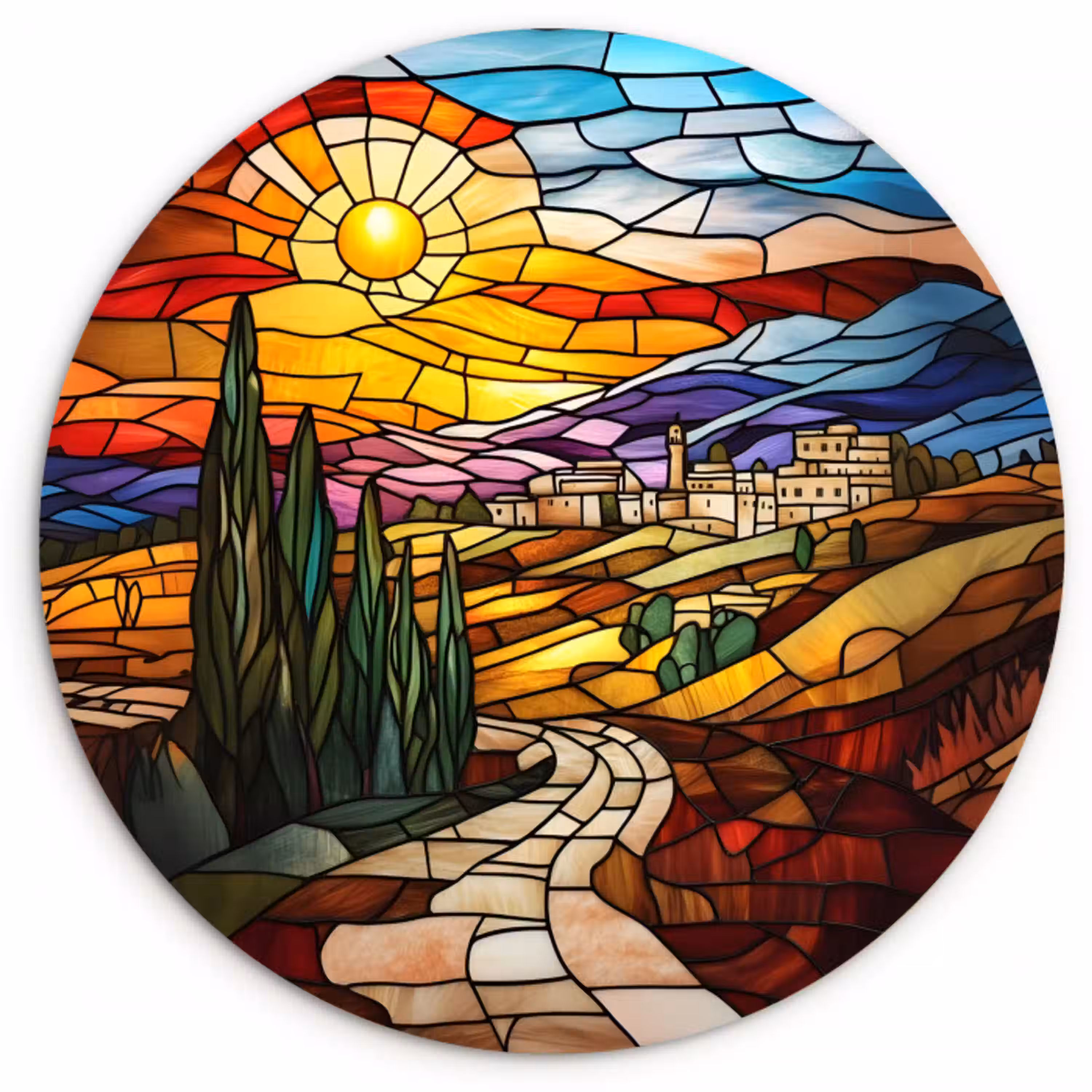 Mozaïek - Zon - Landschap - Dorp Wandcirkel kunststof plaat 5mm dik klein -3d