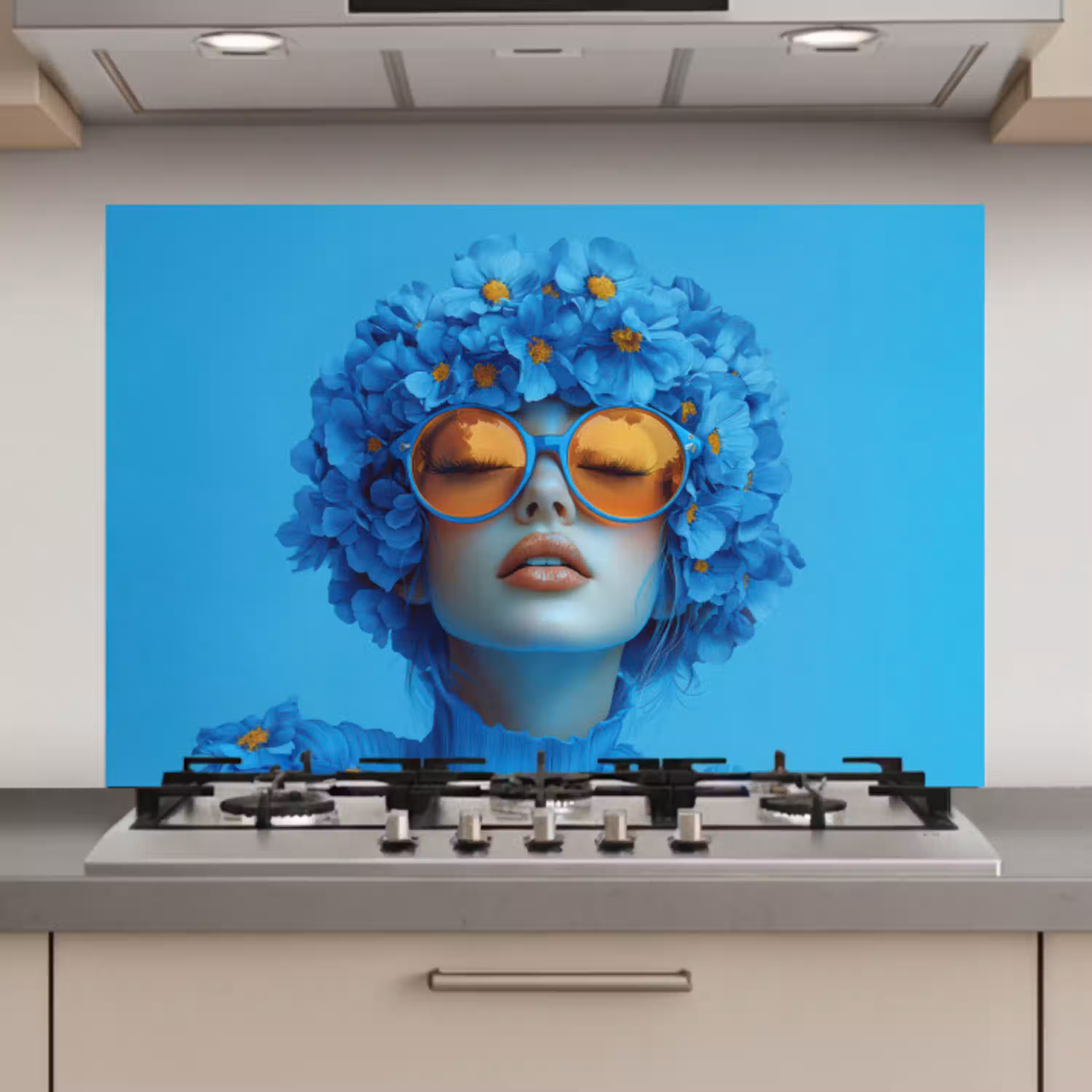 Vrouw - Bloem - Blauw - Modern - Bril - Portret keuken achterwand spatscherm klein -3d_website