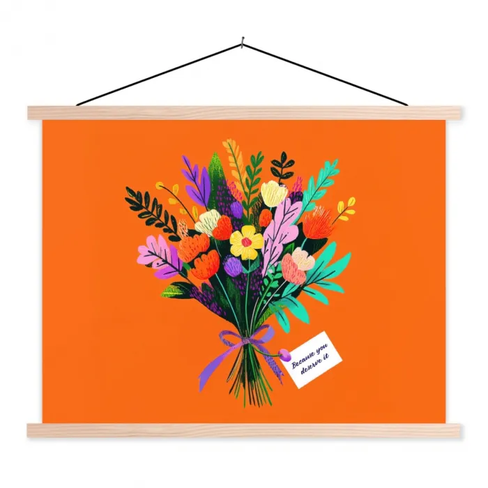 Kaartje - Boeket - Bloemen textielposter latten blank klein -3d