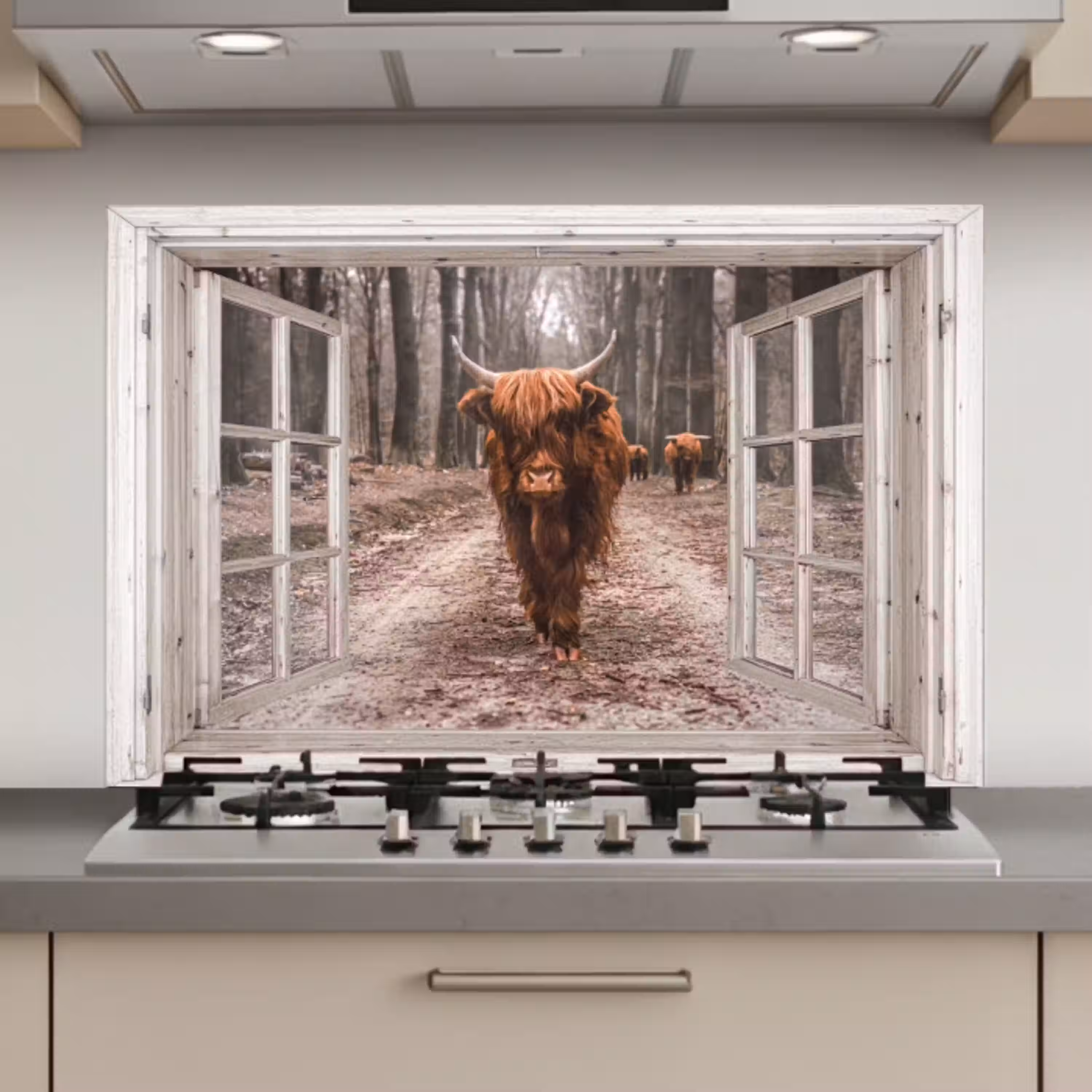 Doorkijk - Schotse Hooglander - Raam keuken achterwand spatscherm klein -3d_website