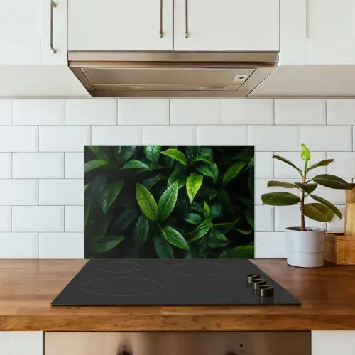 Bladeren - Regendruppels - Licht - Groen keuken achterwand spatscherm klein -sfeer2